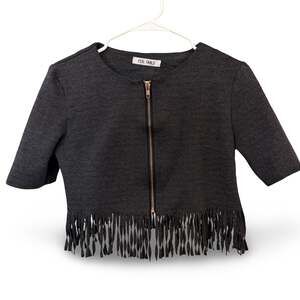 Feel Fable Cropped Fringe Zip Up Jacket Charcoal Short Sleeve Women’s S